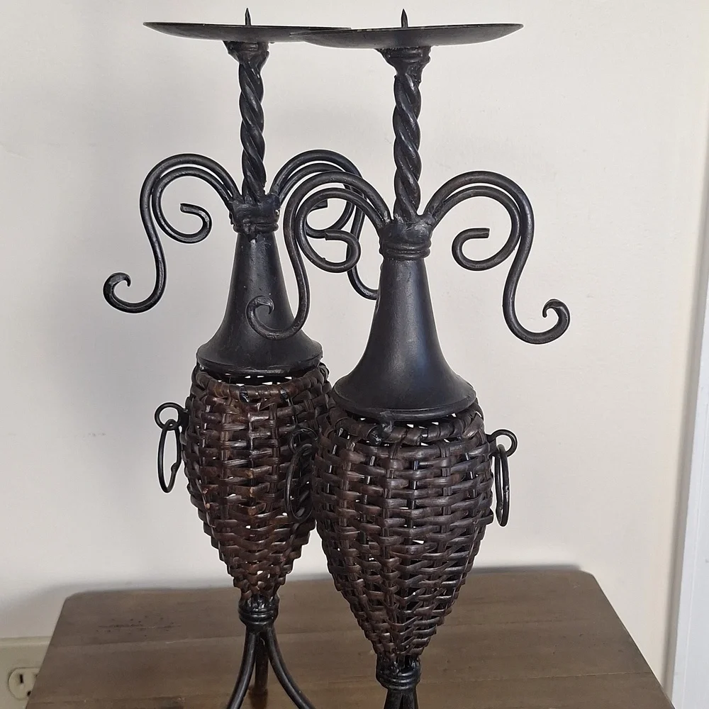Pair Of Wrought Iron And Brown Wicker Candle Holders